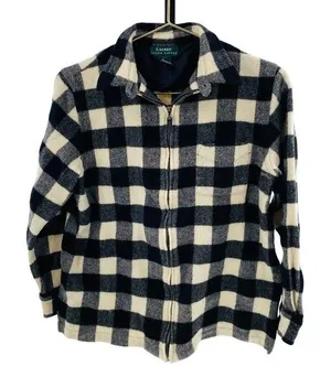 Ralph Lauren Womens L Buffalo‎ Plaid Shacket Black and Ivory Full Zip 100% Wool thumbnail 1