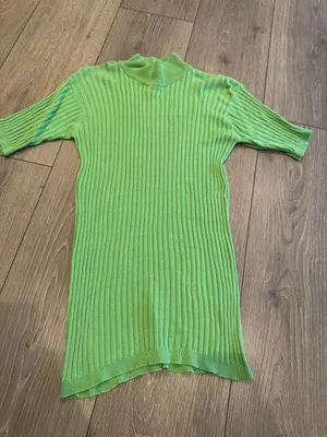 Vintage Anna Gray 100% Silk Lime Green Ribbed Sweater Dress Size Small thumbnail 1