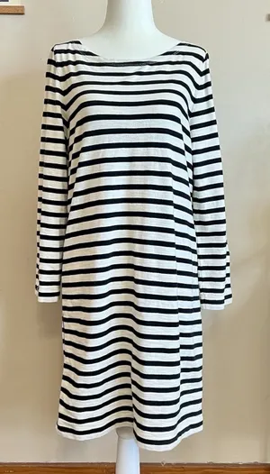 Women's Striped J.Crew Dress Midi Size‎ Small GUC 100% Cotton Black White Piping thumbnail 1