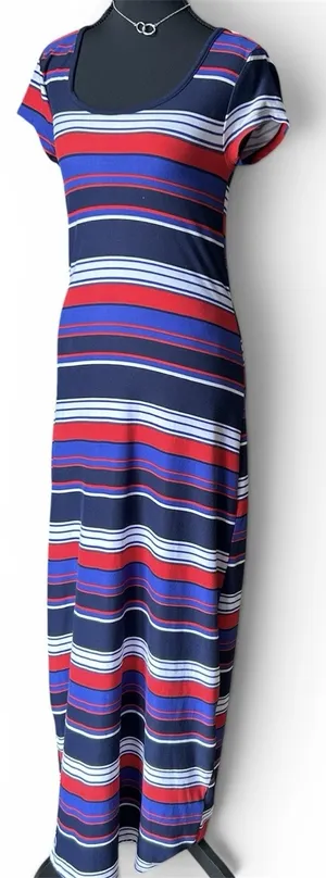Derek Heart Striped Maxi Dress Med Blue Red White Jersey Knit Short Sleeve VGUC thumbnail 2
