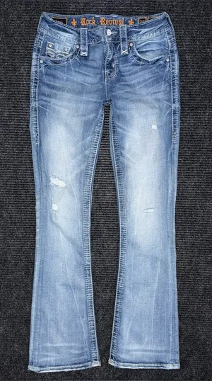 Y2K Rock Revival Lang Low Rise Bootcut Jean Light Wash Embroidered Distressed 25 thumbnail 1