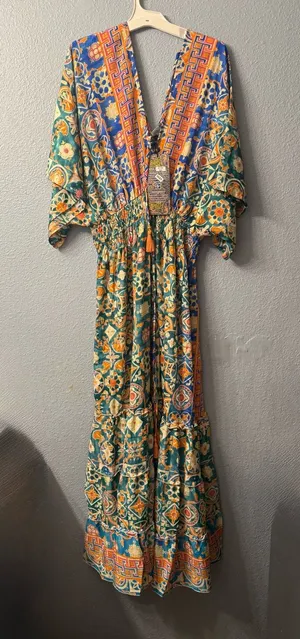 Floral silk maxi dress Geo-Print V-Neck in Teal and Orange nwt thumbnail 1