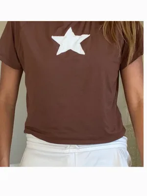 brown and white star patchwork tee Size M thumbnail 6