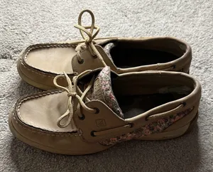 Sperry Tan Boat Shoes with Floral Accents thumbnail 1