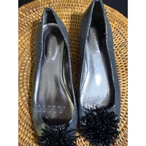 Calvin Klein Metallic Gunmetal Pebbled Ballet Flats Beaded Pom Pom Size 7.5 thumbnail 4