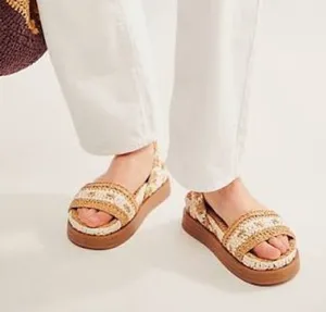 Free People FP Roma Raffia Slip On Ankle Strap Platform Sandals Tan White 8 thumbnail 1