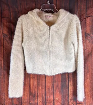 Bailey Rose Hooded Cropped Fuzzy Sweater‎ Cream Zip up Women's Size L thumbnail 1