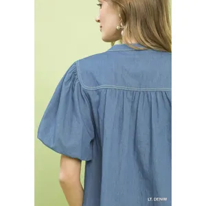 Umgee Denim Button Front Puff Sleeve Boho Blouse - Large thumbnail 4