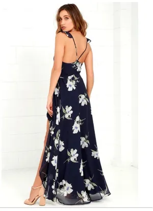 Lulus All Mine Navy Blue Floral Print High-Low Wrap Maxi Dress Large thumbnail 3