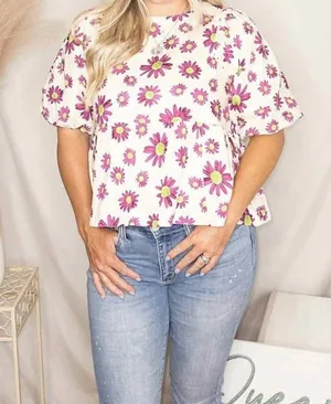 &MERCI medium ivory Hey Girl Flower Bubble Sleeve Top In White purple flowers thumbnail 12