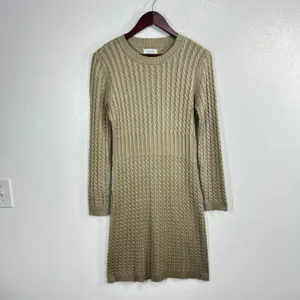 Calvin Klein Cable Knit Sweater Dress Khaki Tan Crew Neck‎ Small Quiet Luxury thumbnail 2