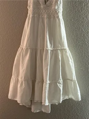 Off White Crochet Halter Beaded Tie Back Boho Tiered Mini Dress Tunic thumbnail 4