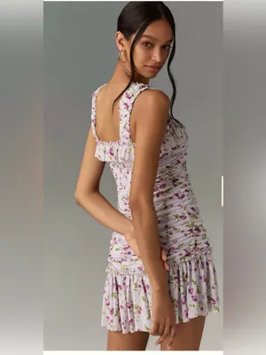 NWT Anthropologie Sleeveless Square-Neck Ruched Mini Dress purple floral Large thumbnail 2