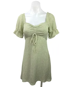 Bohme Green Floral Cinched Tie Puff Sleeve Smocked Mini A-Line Sun Dress Size XS thumbnail 1