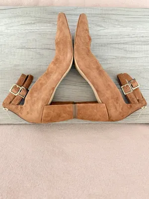H by Halston Regina Brown Suede 3.25" Block Heel Pump Buckle Ankle Strap Zip 10 thumbnail 6