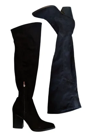 Marc Fisher Renn Black Faux Suede Over The Knee Block Heel Pointed Toe Boots 9M thumbnail 1