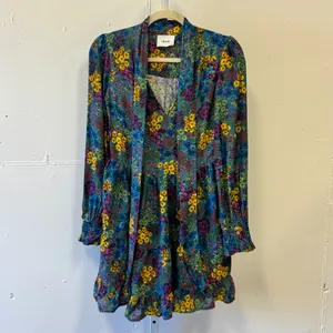 Dixie Teal Floral Tie Neck Tiered Ruffle Mini Dress Long Sleeve‎ Smocked Cuffs thumbnail 2