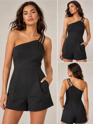 CIDER Black One Shoulder Strappy Romper Asymmetrical Tailored Shorts. Size L thumbnail 6