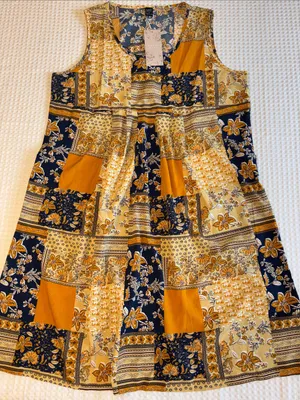 NEW! EMERY ROSE Boho Patchwork Swing Dress Mini Yellow Navy Blue Floral LARGE thumbnail 12