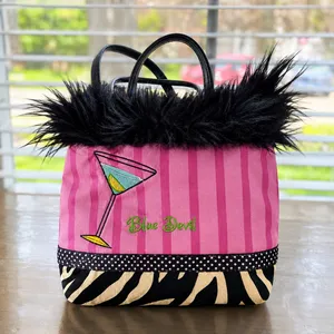 Vintage Blue Devil Pink Striped Martini Zebra Trim Faux Fur Tote Purse thumbnail 1