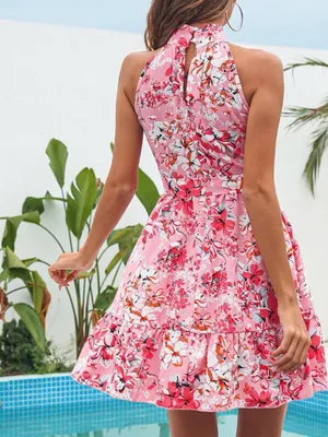 Halter-Neck Pink Floral Tie-Waist Mini Dress thumbnail 2
