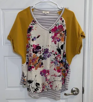 Umgee Floral Mixed Print Top Mustard Sleeve Boho Blouse Size L thumbnail 1