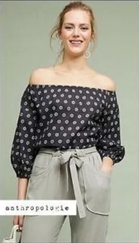 Maeve Anthropologie Navy‎ Blue Sunburst Print Off the Shoulder Cotton Blouse S thumbnail 1