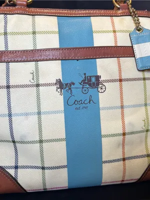 Vtg Coach Heritage Tattersall Plaid Coated Canvas Tote & Wallet with Blue Stripe thumbnail 3