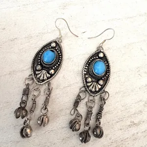 Vintage Tibetan Style Faux Turquoise Dangle Earrings Silver Tone Boho Festival E thumbnail 2