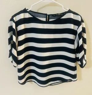 Zara Navy and White Striped Blouse thumbnail 1