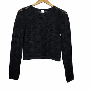 FCT With Love Basics XL Black Cross Mesh Crop Top Long Sleeve Whimsigoth Y2K thumbnail 2