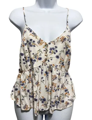 Magnolia‎ Womens Floral Babydoll Cami Top S Ivory Blue Boho Cottagecore Peplum thumbnail 1