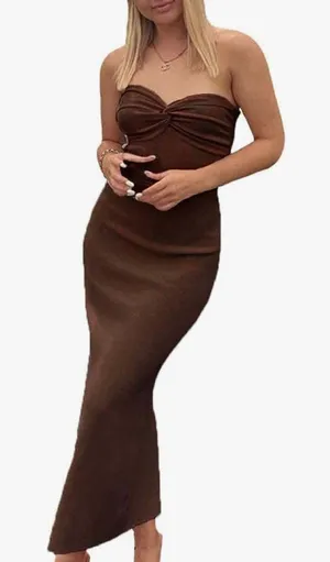 Brown Strapless Knit Maxi Dress thumbnail 1