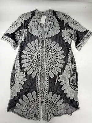 Ember Grey Black Floral Lace Mesh Kimono Cardigan Tie Front ST8449 NWT Medium thumbnail 1