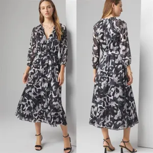 White House | Black Market Black White Chiffon Midi Dress Belted Sheer Sleeve Autumn Wedding Guest thumbnail 2