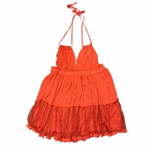 Halter Babydoll Mini Dress Boho Mesh Swiss Dot Hem Small Red Orange thumbnail 10