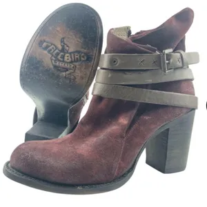 Freebird by Steven Blaze Booties Burgundy Maroon Suede‎ Red Wine Stacked Heel Boot thumbnail 1