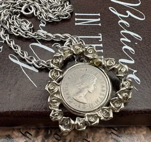 Queen Elizabeth II Sixpence Coin Rose Heart Necklace 24” thumbnail 1