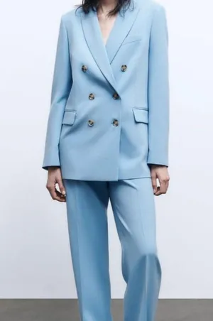 ZARA blazer suit jacket double breasted relaxed long baby blue thumbnail 4