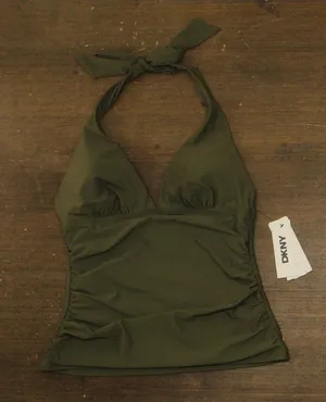 DKNY Halter V-Neck Shirred Tankini Swim Top DIMKS215 Moss Green M thumbnail 1