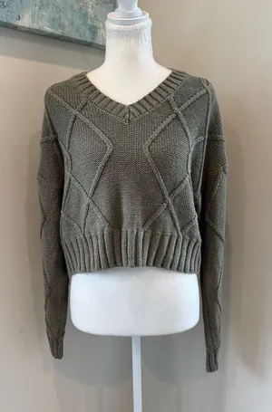 miami Olive Green V-Neck Cable Knit Cropped Sweater thumbnail 1