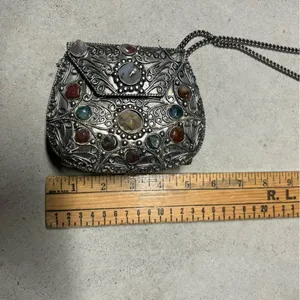 Vintage Sajai Metal Purse with Multicolor Agate Stones and Silver Chain Strap thumbnail 11