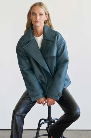 4th & Reckless PU double‎ breasted Victoria jacket in teal XL thumbnail 1