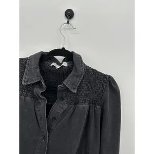Veveret Womens Smocked Denim Shirt Jacket Puff Sleeve Washed‎ Black Small thumbnail 5
