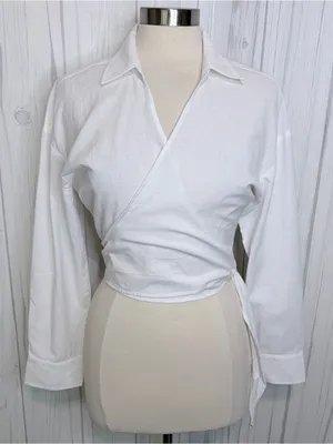 NWT CHASER Portofino‎ White Cotton Cropped Wrap Top, S/M thumbnail 4