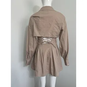 Bershka Tan Corset Mini Dress Women’s S Long Sleeve Open Back Lace-Up thumbnail 6