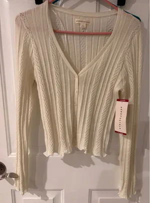 Aeropostale Y2K Cropped Cardigan Sweater Cream XL Button‎ Front Textured Knit thumbnail 1