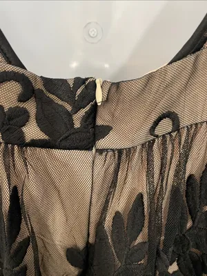 DOKOTOO Plunging V-Neck Black Floral Lace Overlay Maxi Dress in Taupe Lining thumbnail 5