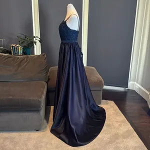 Women’s Blue Full Length Satin Lace Appliqué Party Prom Formal Dress Size 2 NWOT thumbnail 4