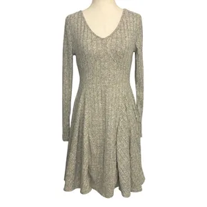 Halara Womens Long Sleeve Ribbed V-Neck Fit & Flare Mini Dress Oatmeal Grey‎ S thumbnail 2